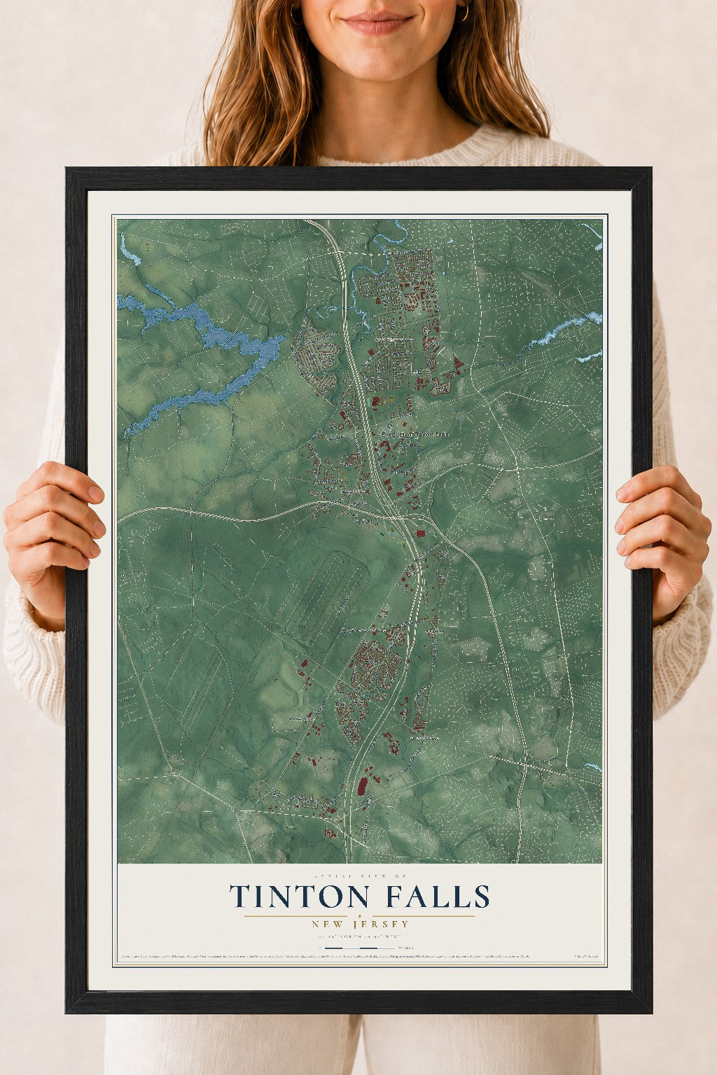 Tinton Falls, New Jersey map print, 18" x 24" W/ Black Ayous Wood Frame mockup