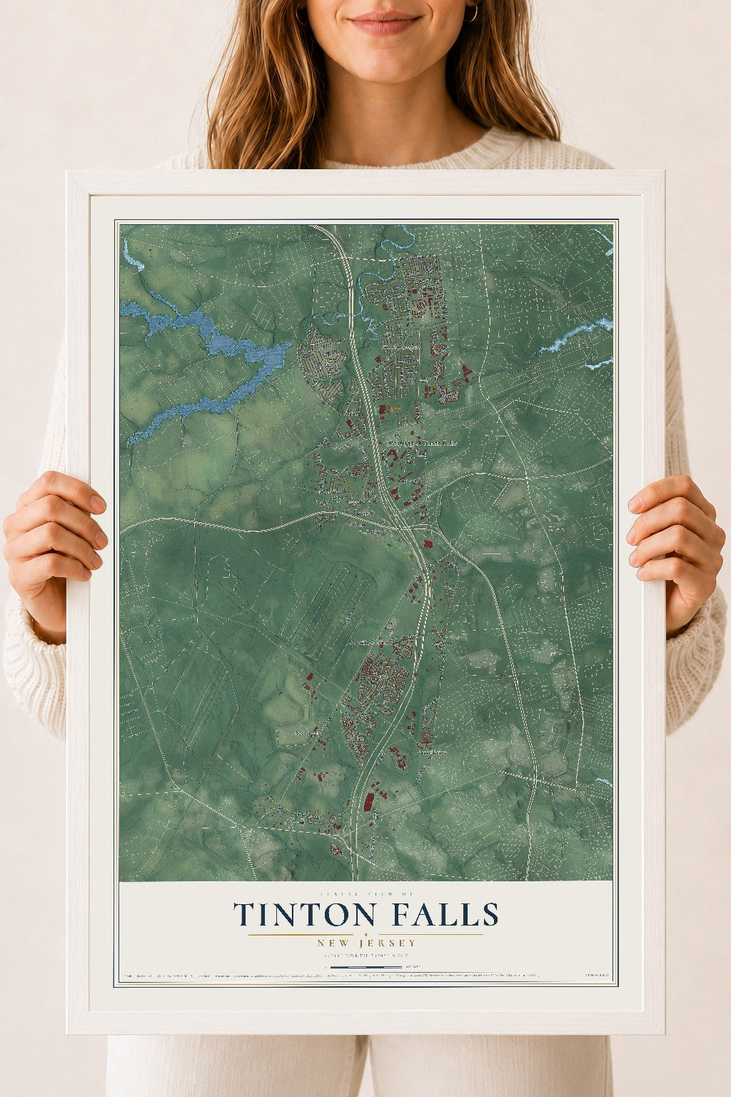 Tinton Falls, New Jersey map print, 18" x 24" W/ White Ayous Wood Frame mockup