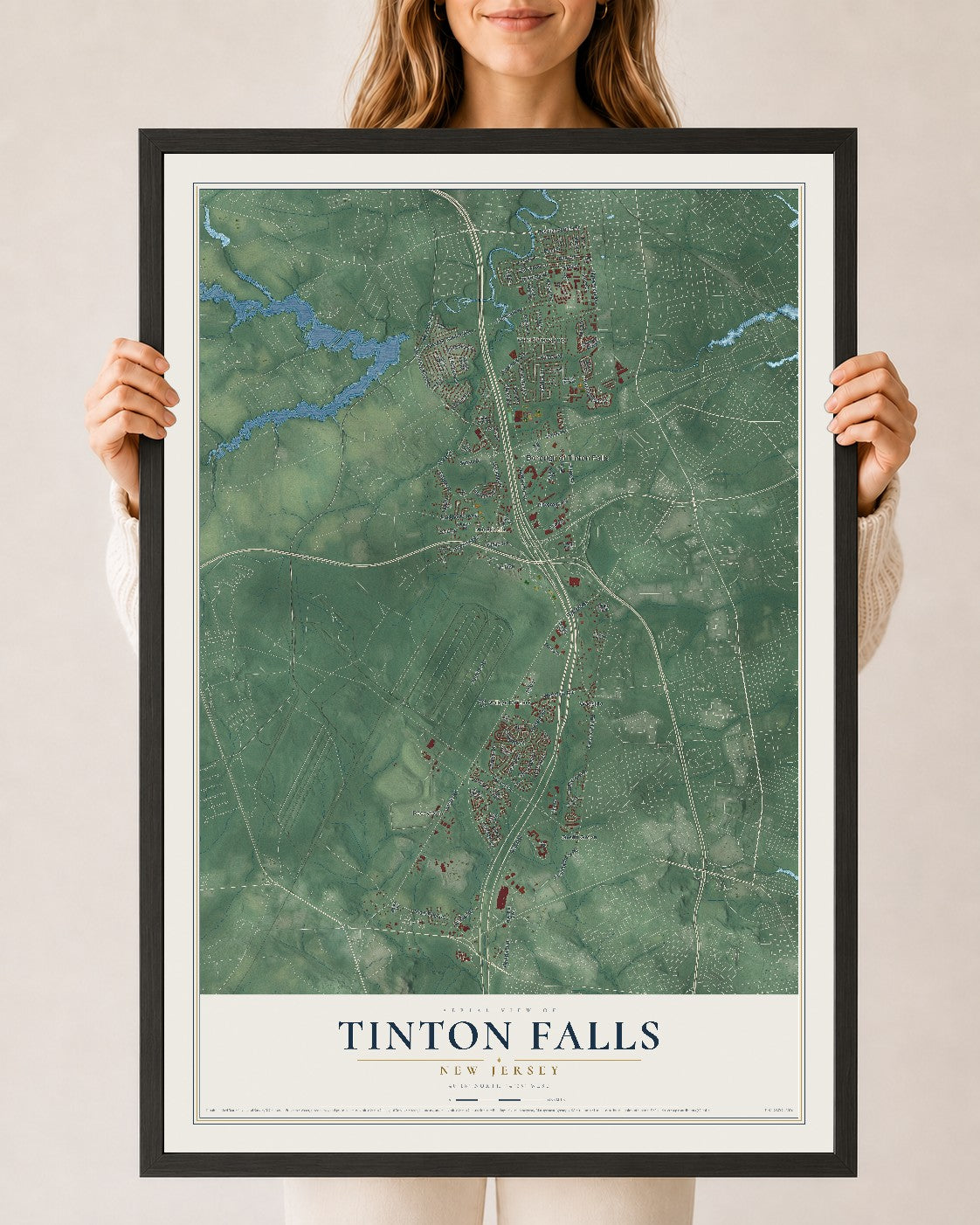Tinton Falls, New Jersey map print, 24" x 36" W/ Black Ayous Wood Frame mockup