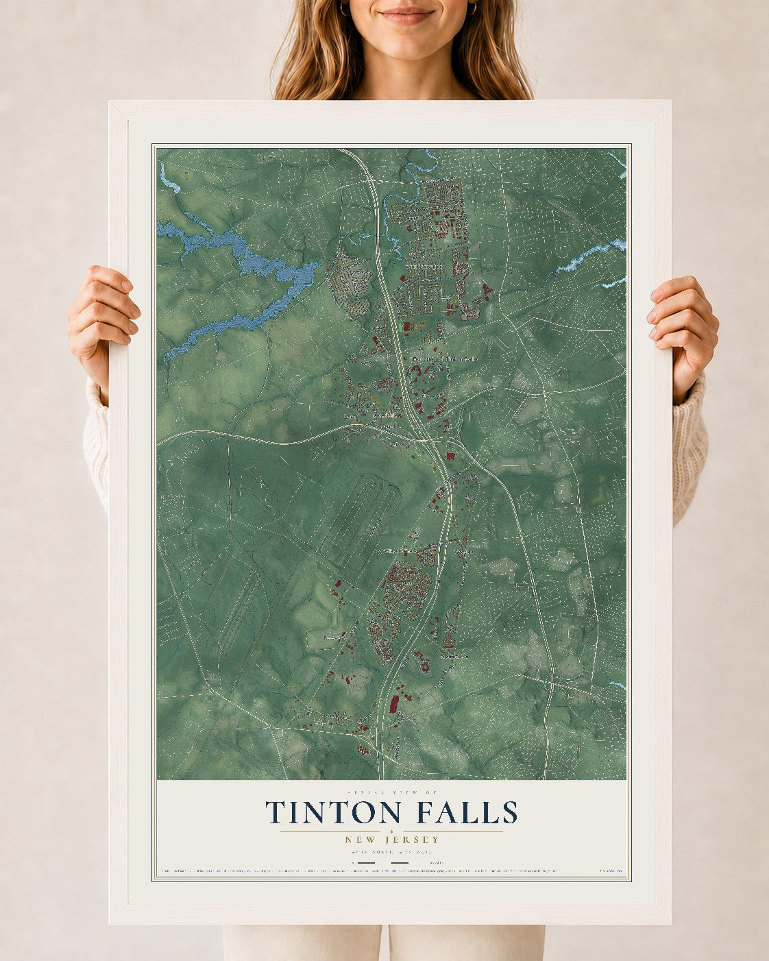 Tinton Falls, New Jersey map print, 24" x 36" W/ White Ayous Wood Frame mockup