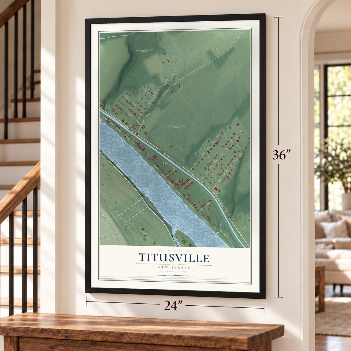 Titusville, New Jersey map, 24 x 36 inch print in a black frame by a staircase