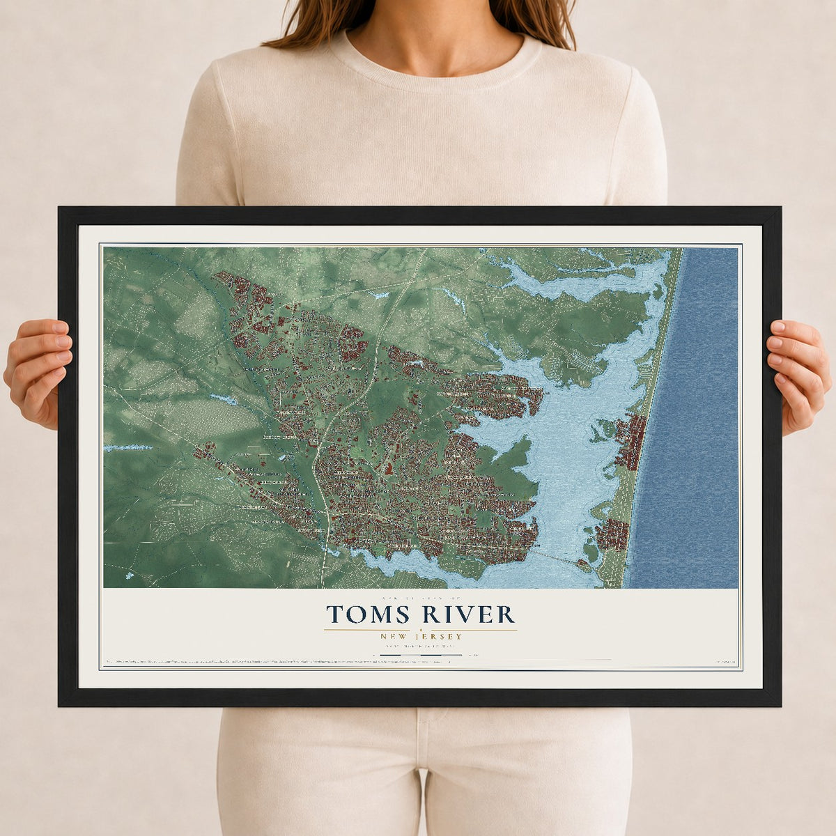 Toms River, New Jersey map print, 12" x 18" W/ Black Ayous Wood Frame mockup