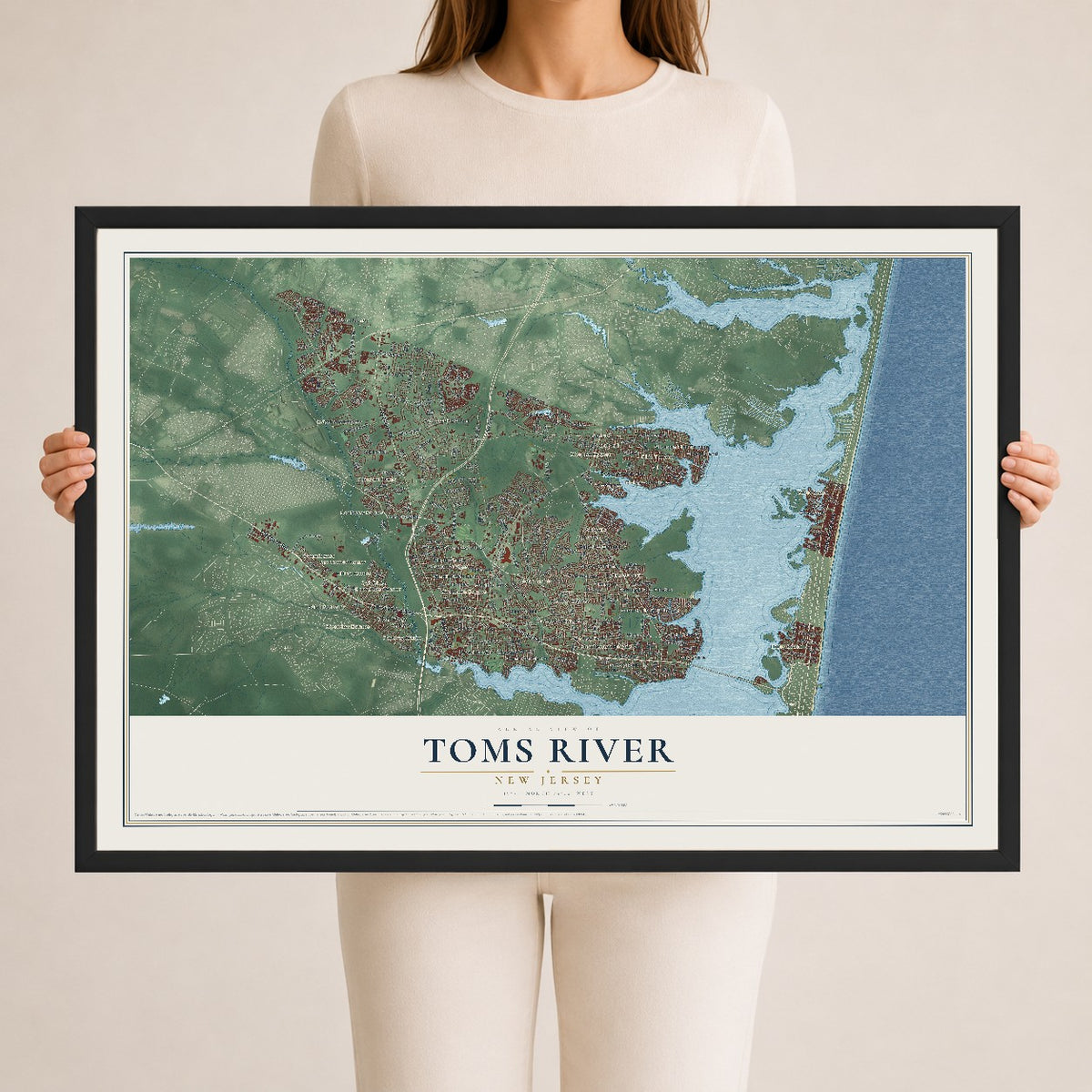 Toms River, New Jersey map print, 24" x 36" W/ Black Ayous Wood Frame mockup