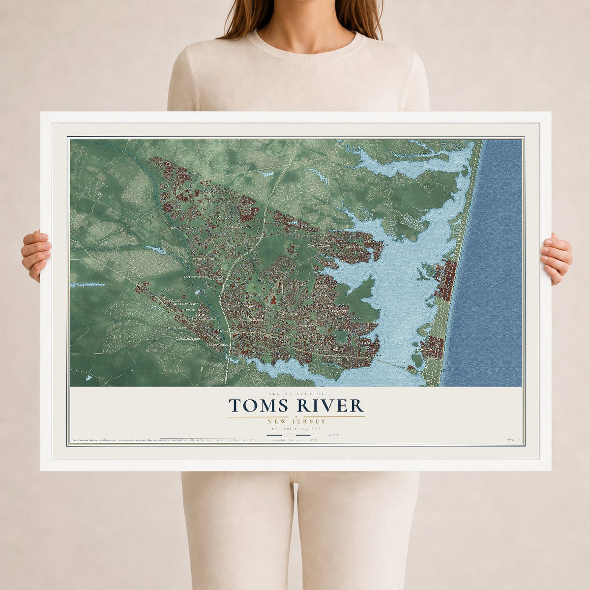 Toms River, New Jersey map print, 24" x 36" W/ White Ayous Wood Frame mockup