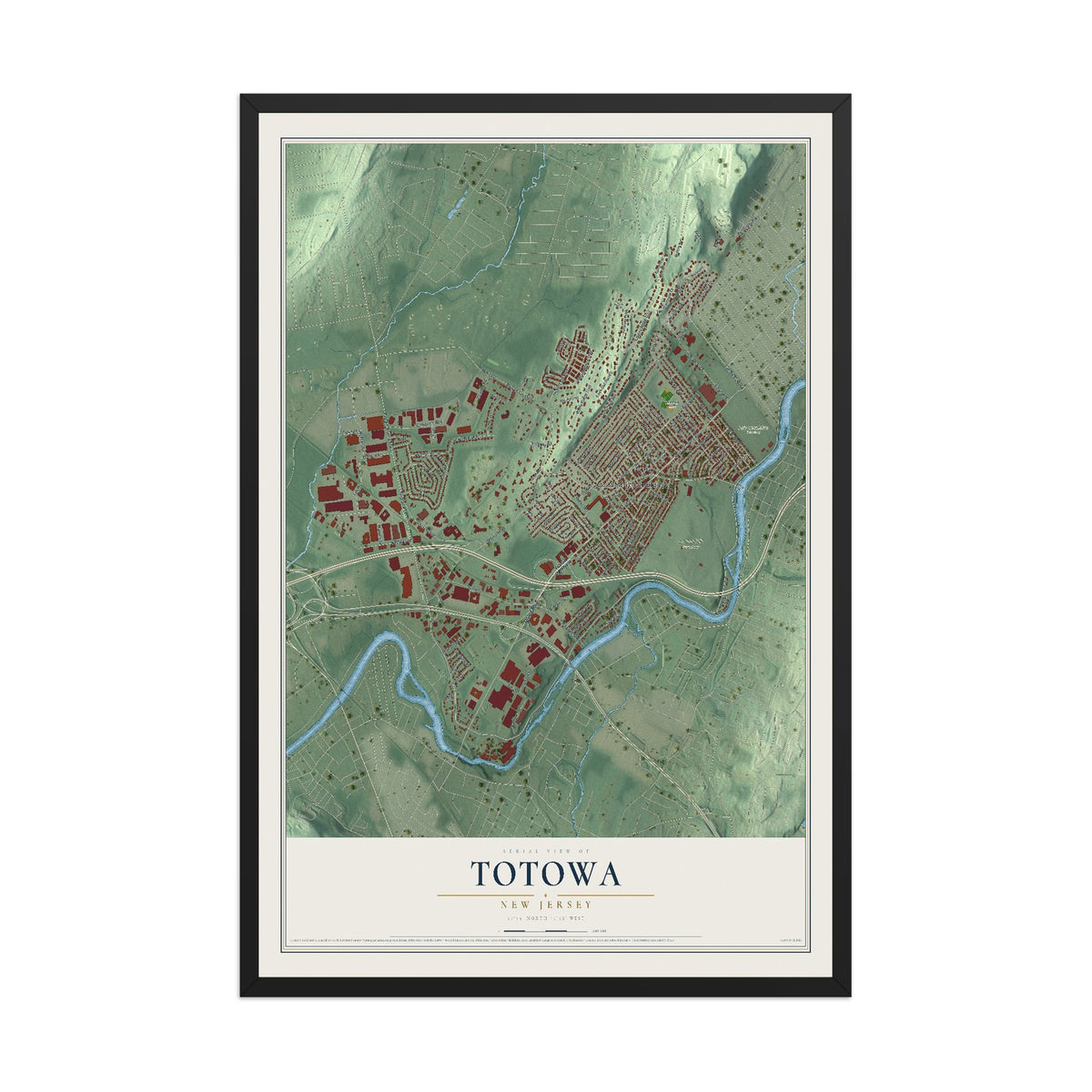 Totowa, New Jersey map print, 12" x 18" W/ Black Ayous Wood Frame mockup