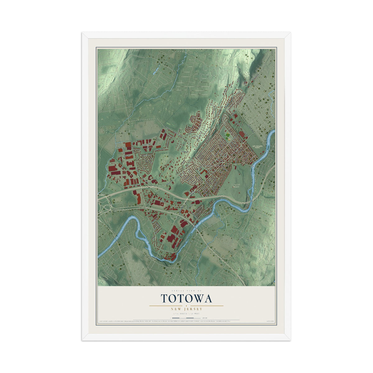 Totowa, New Jersey map print, 12" x 18" W/ White Ayous Wood Frame mockup