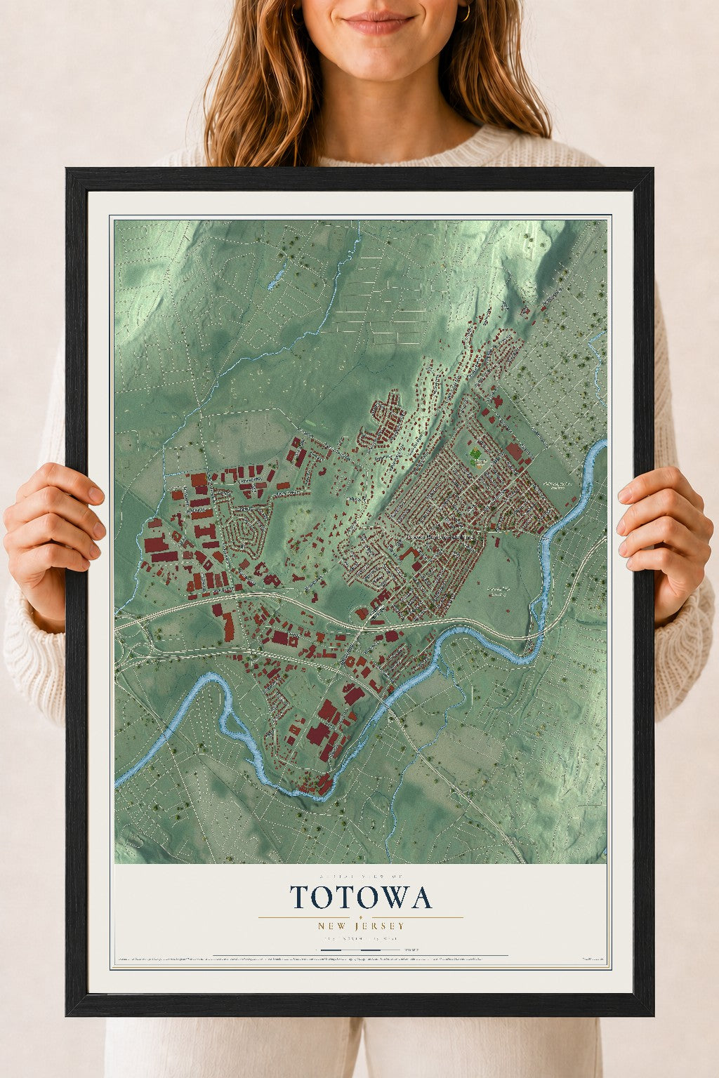 Totowa, New Jersey map print, 18" x 24" W/ Black Ayous Wood Frame mockup