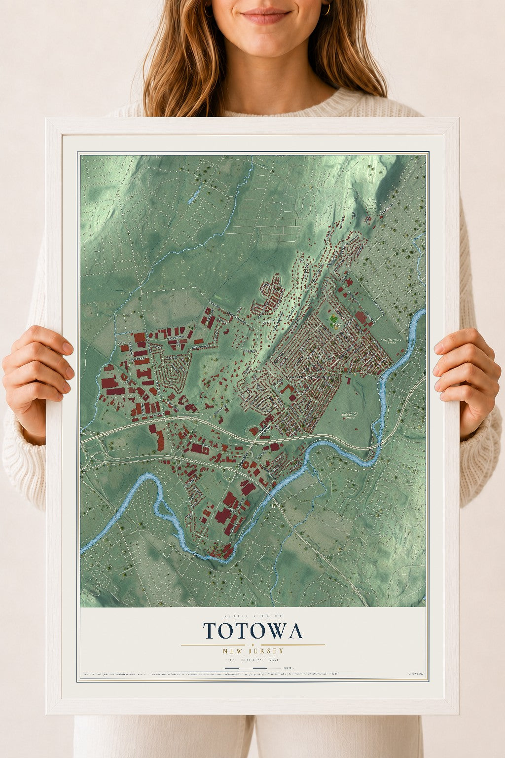 Totowa, New Jersey map print, 18" x 24" W/ White Ayous Wood Frame mockup