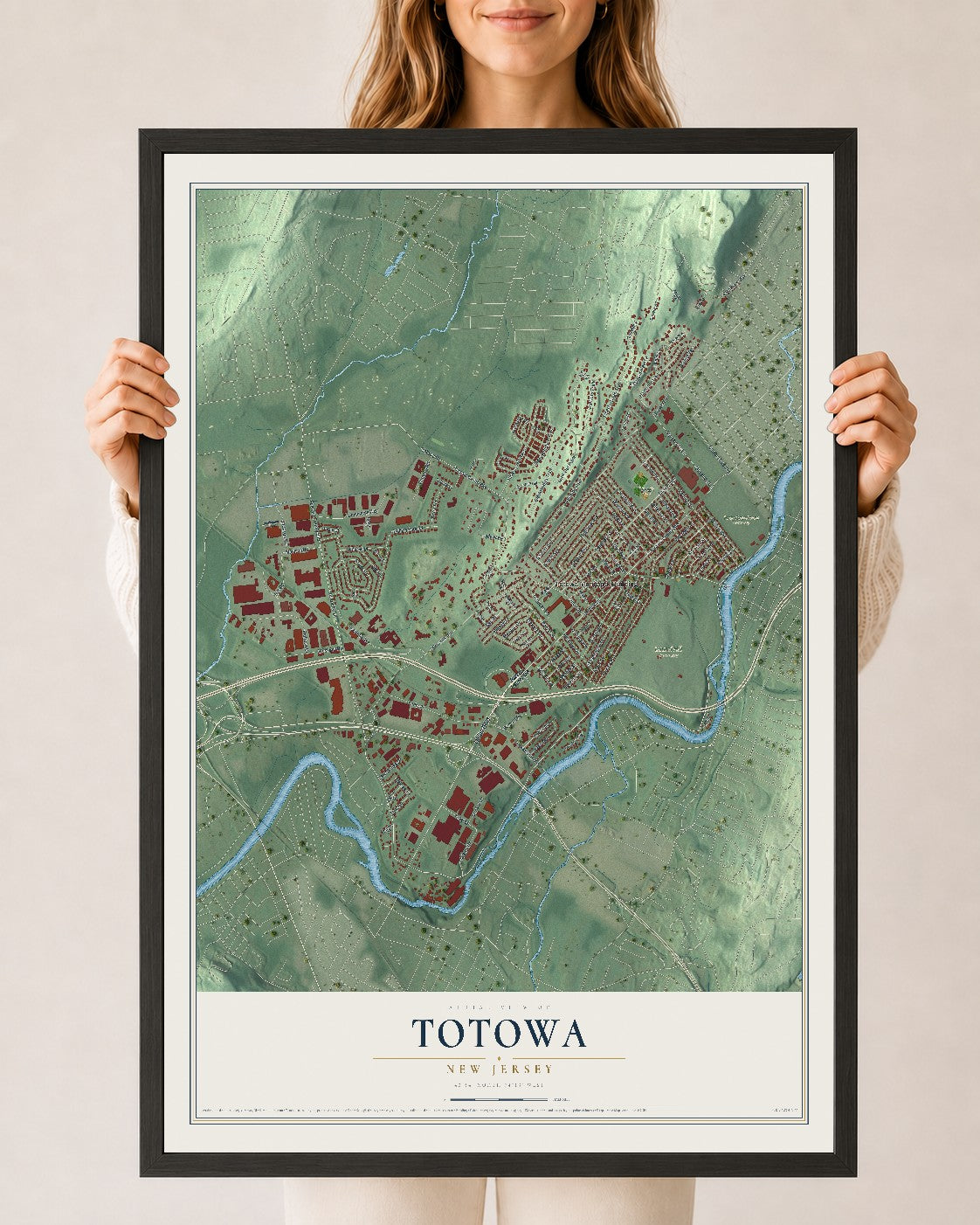 Totowa, New Jersey map print, 24" x 36" W/ Black Ayous Wood Frame mockup