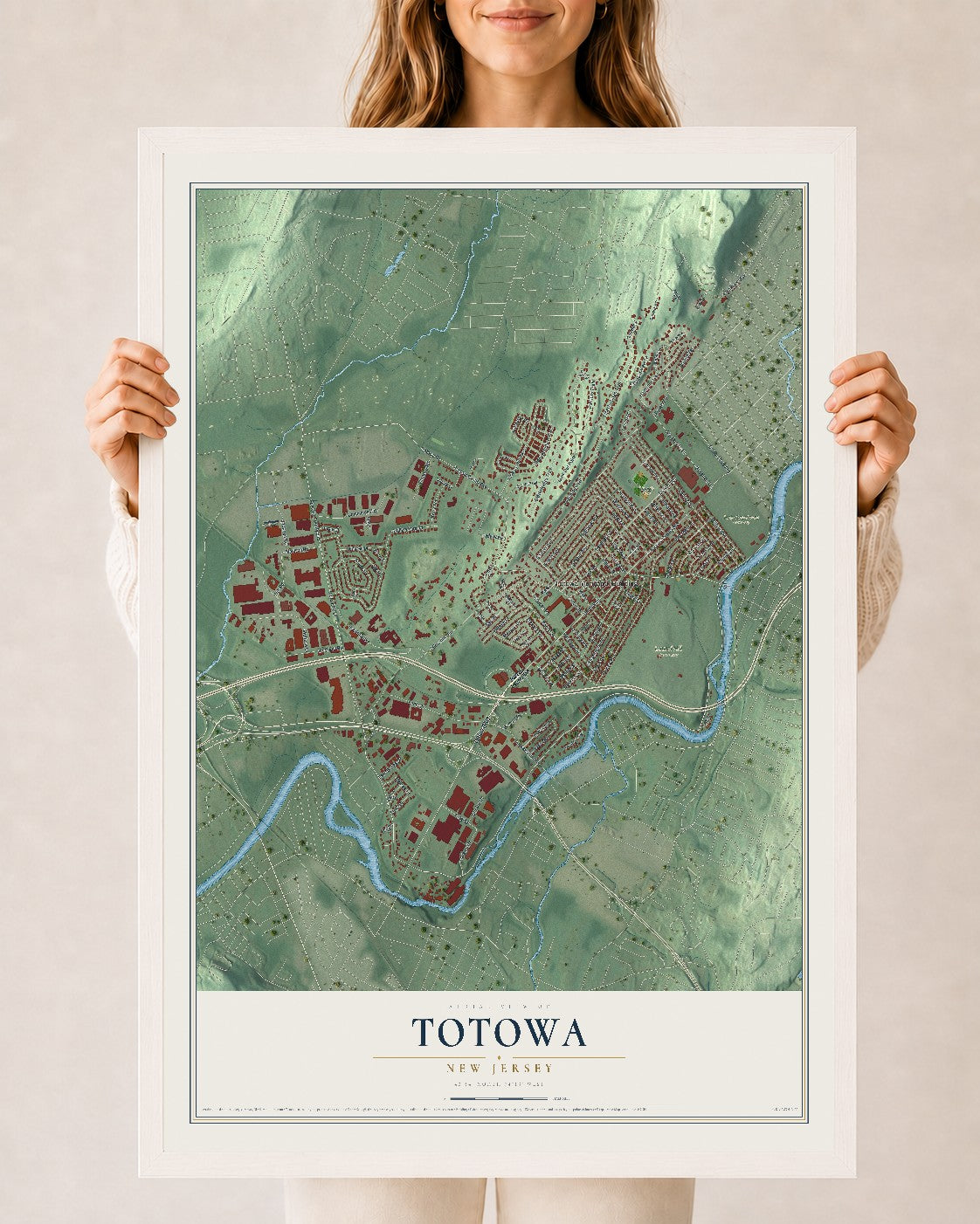 Totowa, New Jersey map print, 24" x 36" W/ White Ayous Wood Frame mockup
