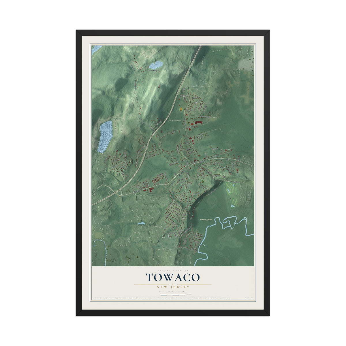 Towaco, New Jersey map print, 12" x 18" W/ Black Ayous Wood Frame mockup