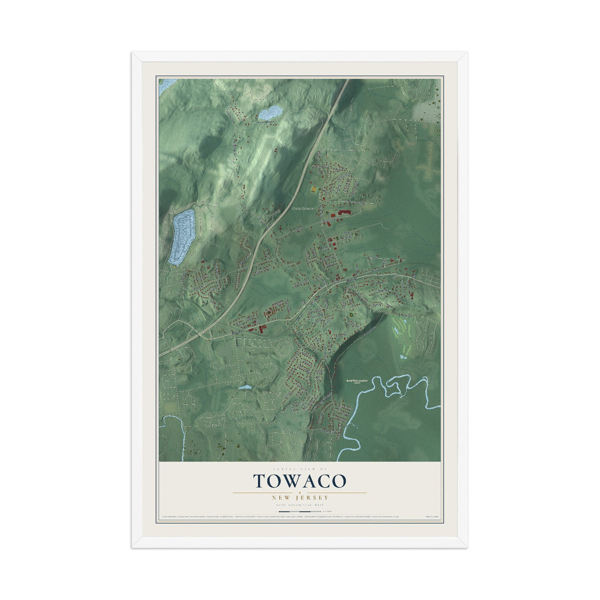 Towaco, New Jersey map print, 12" x 18" W/ White Ayous Wood Frame mockup