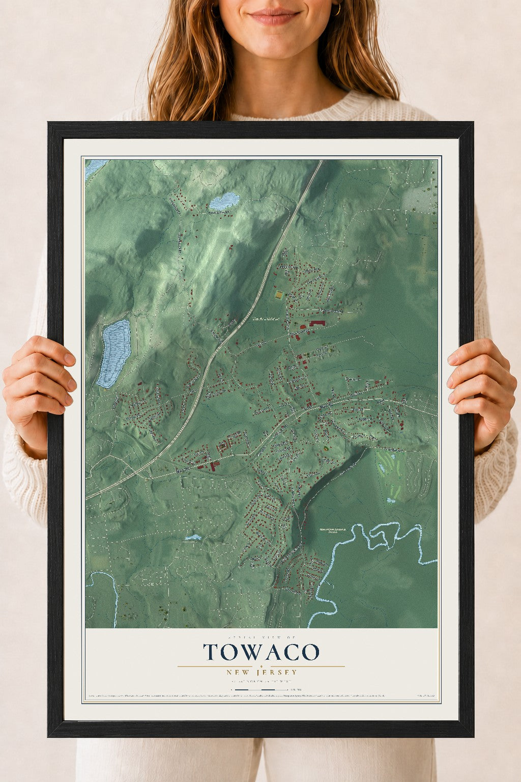 Towaco, New Jersey map print, 18" x 24" W/ Black Ayous Wood Frame mockup