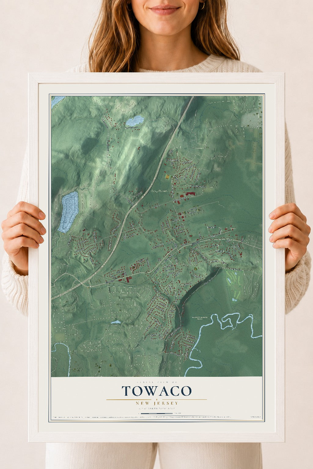 Towaco, New Jersey map print, 18" x 24" W/ White Ayous Wood Frame mockup
