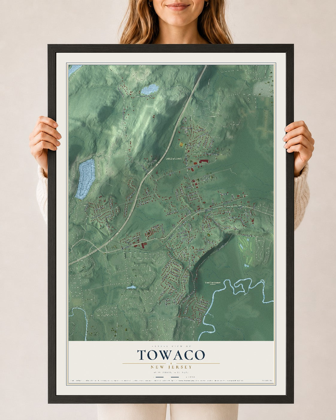 Towaco, New Jersey map print, 24" x 36" W/ Black Ayous Wood Frame mockup