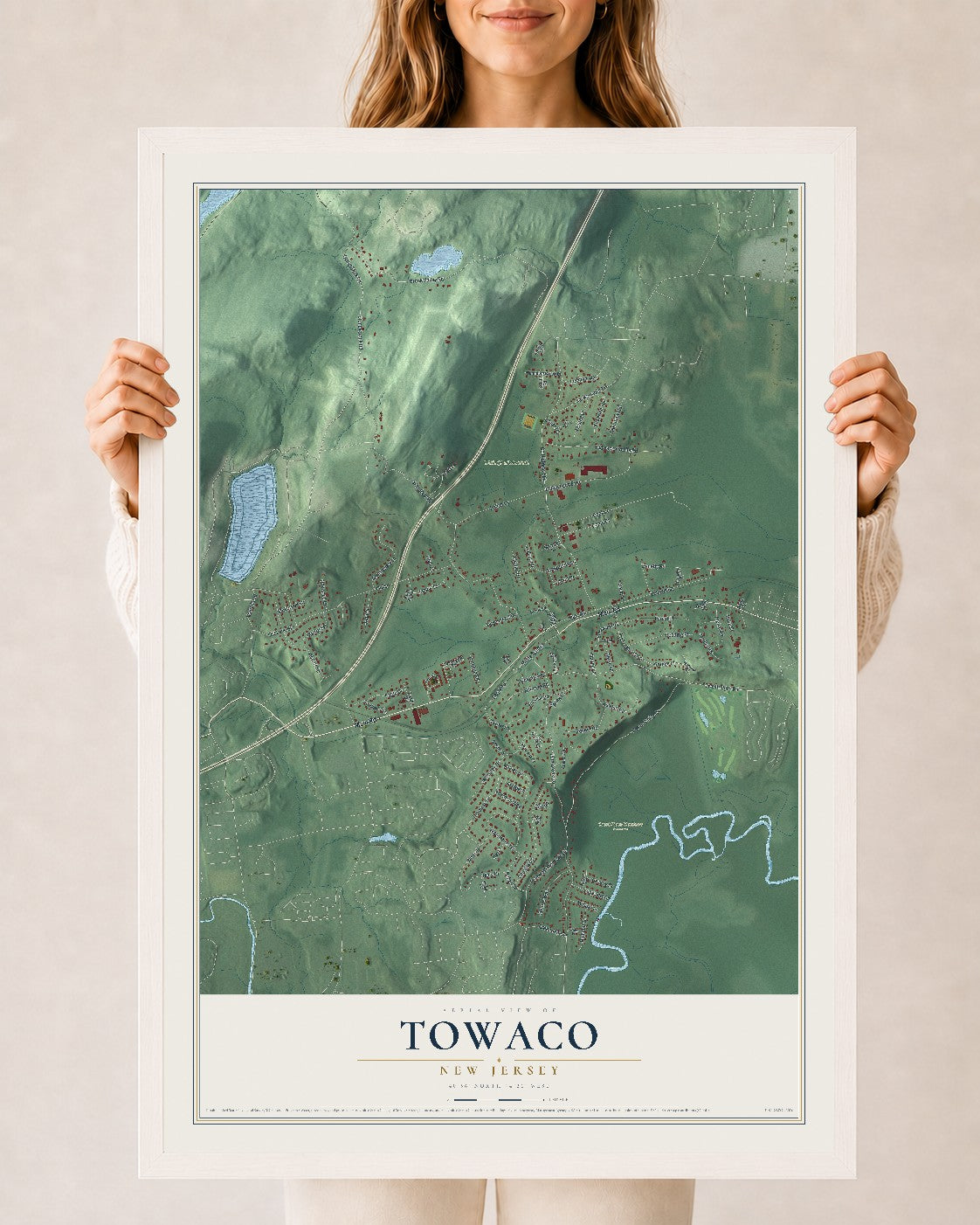 Towaco, New Jersey map print, 24" x 36" W/ White Ayous Wood Frame mockup