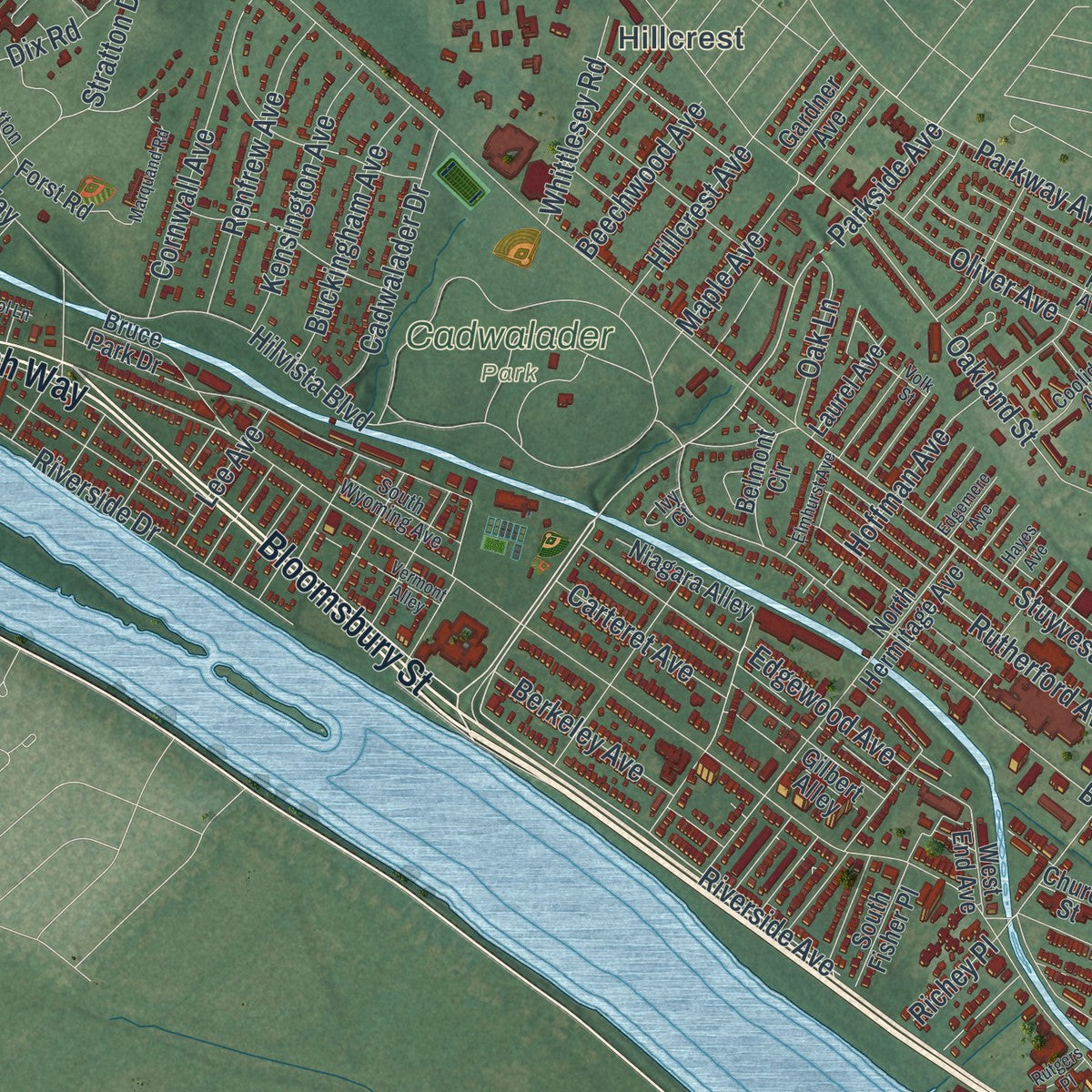 Second close-up of the map of Trenton, New Jersey print showing more streets and buildings