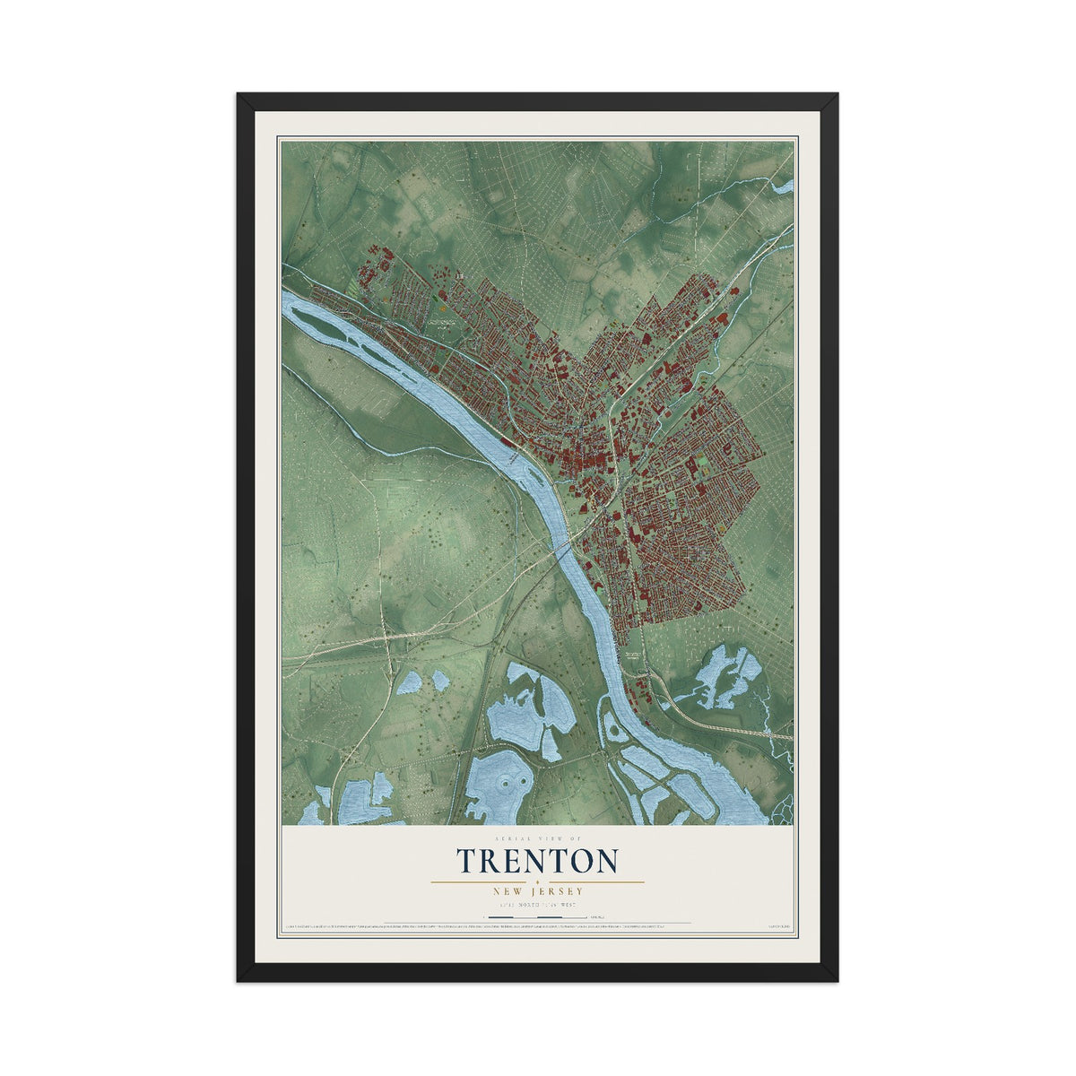 Map of Trenton, New Jersey, 12 x 18 inch print in a black wood frame