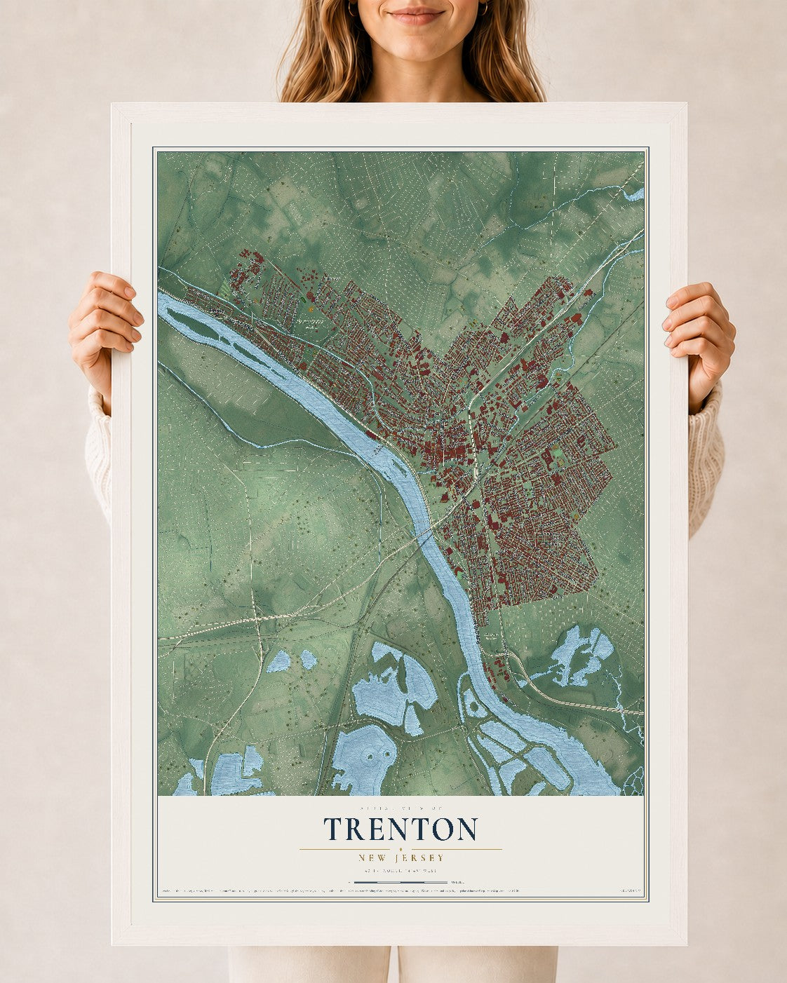 Map of Trenton, New Jersey, 24 x 36 inch print in a white wood frame
