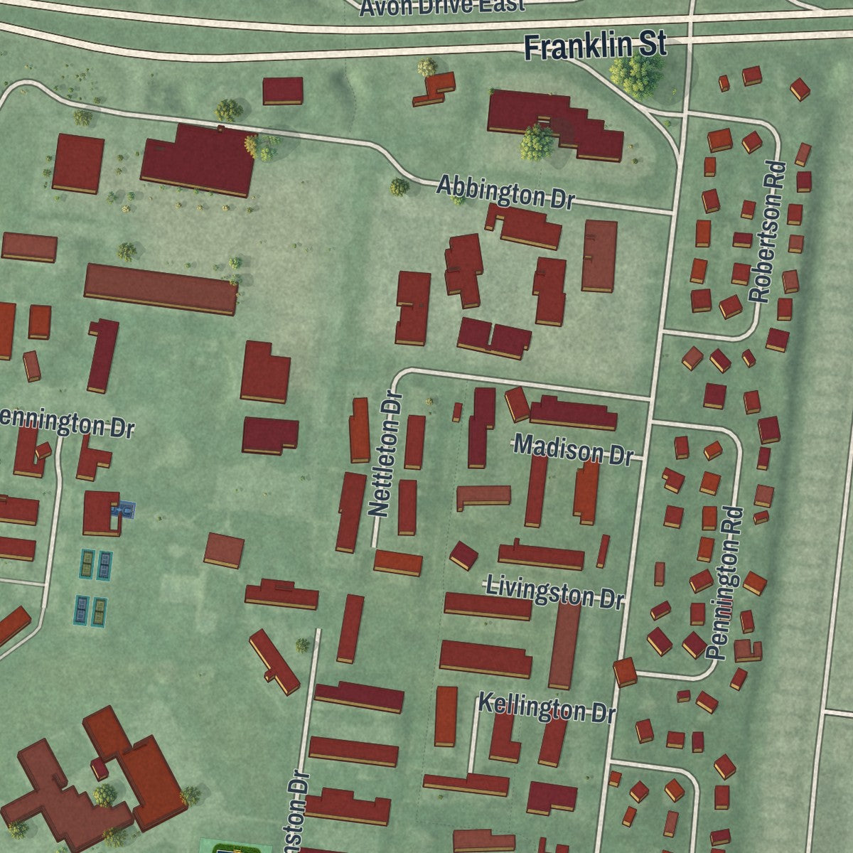 Close-up of the map of Twin Rivers, New Jersey print showing street and building detail