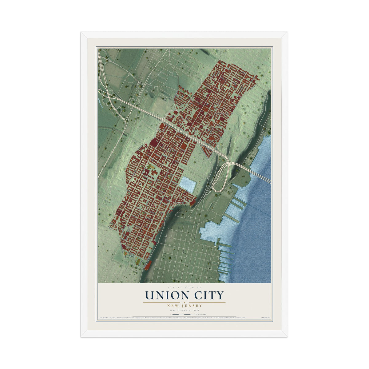 Union City, New Jersey map print, 12" x 18" W/ White Ayous Wood Frame mockup