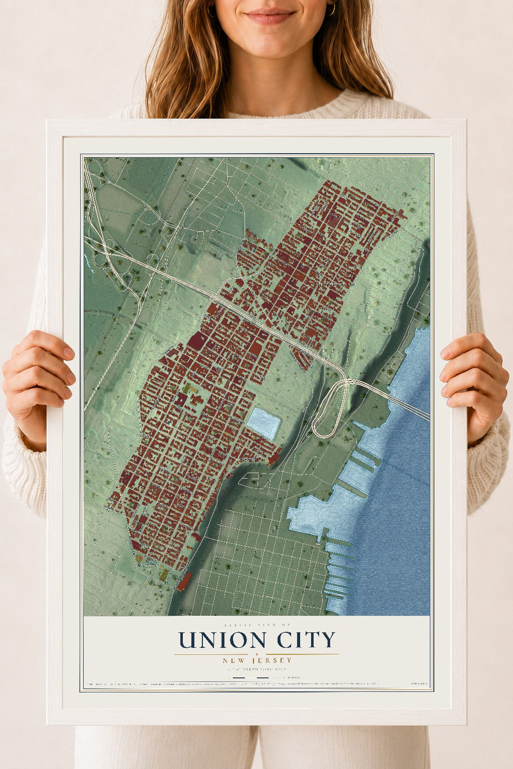 Union City, New Jersey map print, 18" x 24" W/ White Ayous Wood Frame mockup