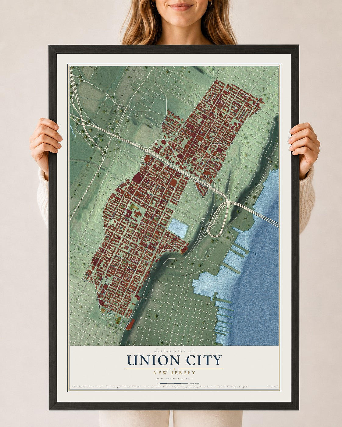 Union City, New Jersey map print, 24" x 36" W/ Black Ayous Wood Frame mockup