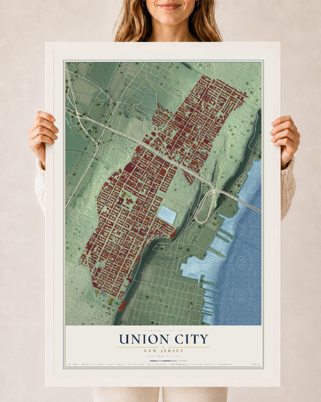 Union City, New Jersey map print, 24" x 36" W/ White Ayous Wood Frame mockup
