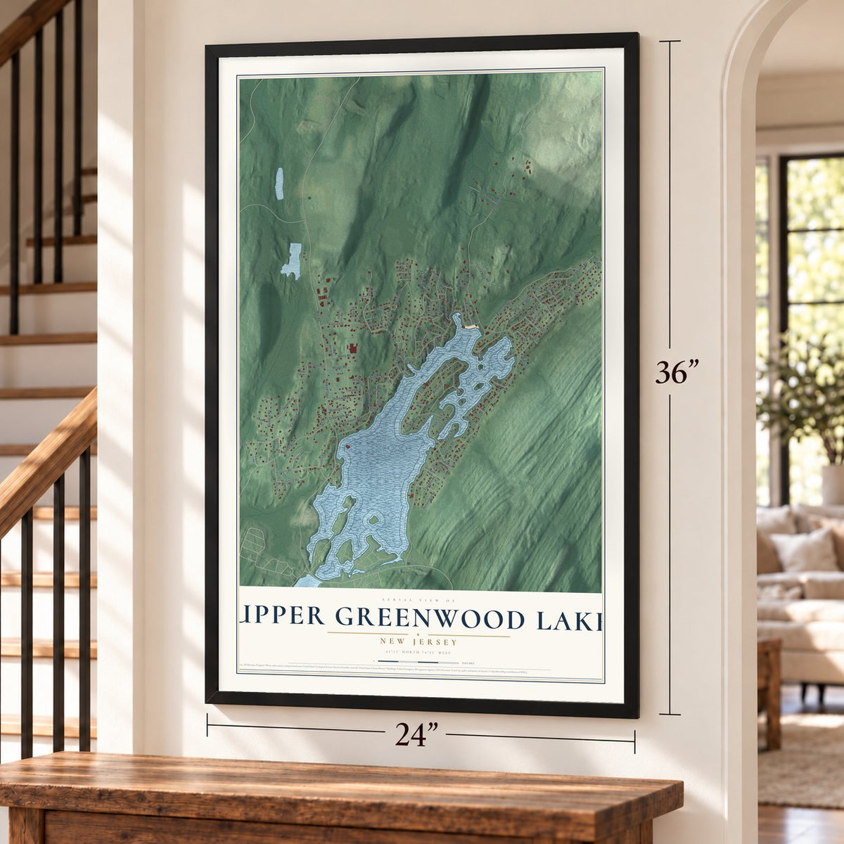 Upper Greenwood Lake, New Jersey map, 24 x 36 inch print in a black frame by a staircase