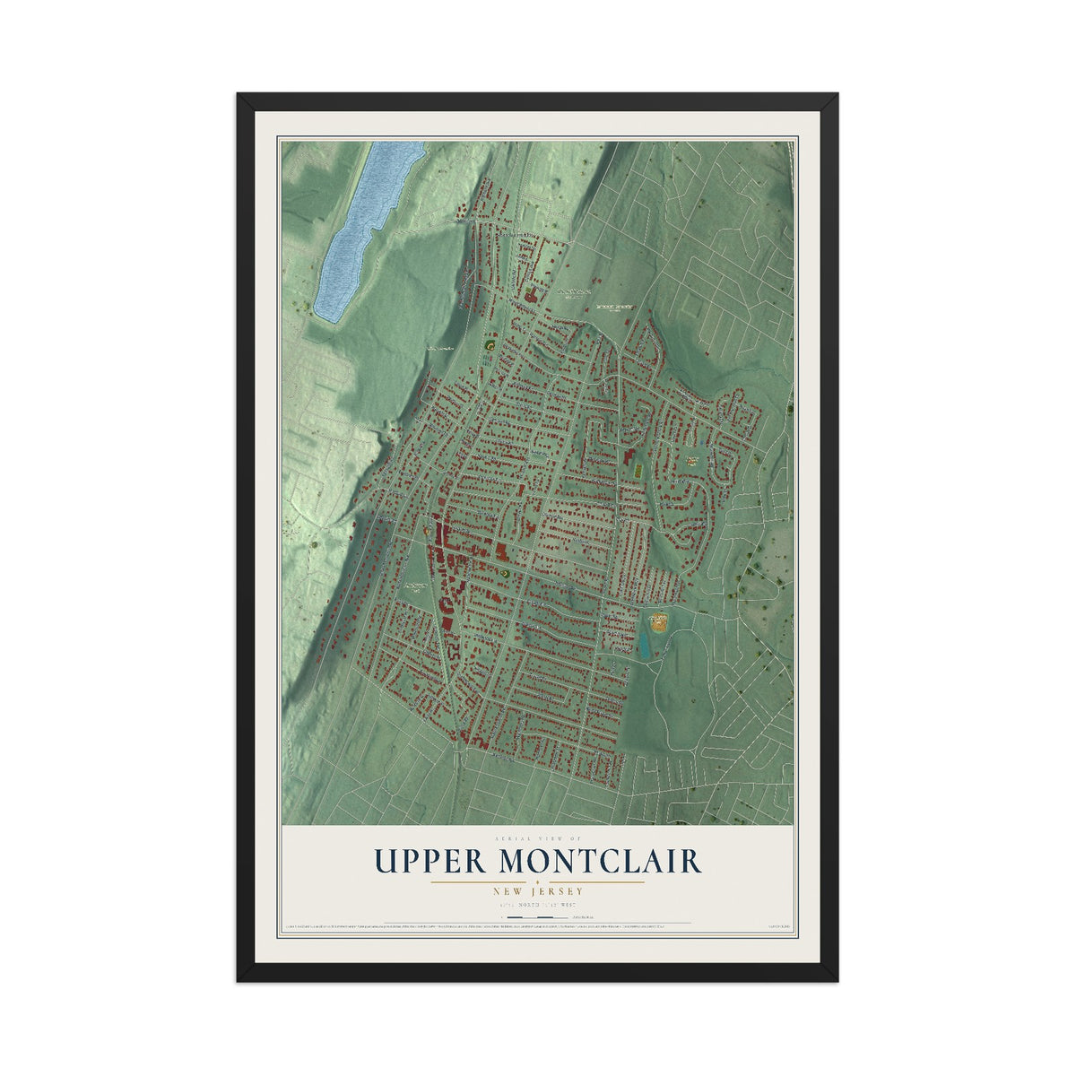 Upper Montclair, New Jersey map print, 12" x 18" W/ Black Ayous Wood Frame mockup
