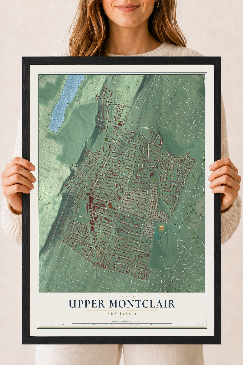 Upper Montclair, New Jersey map print, 18" x 24" W/ Black Ayous Wood Frame mockup