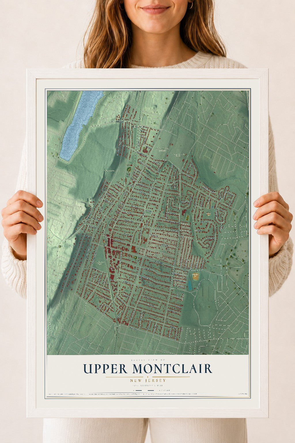 Upper Montclair, New Jersey map print, 18" x 24" W/ White Ayous Wood Frame mockup