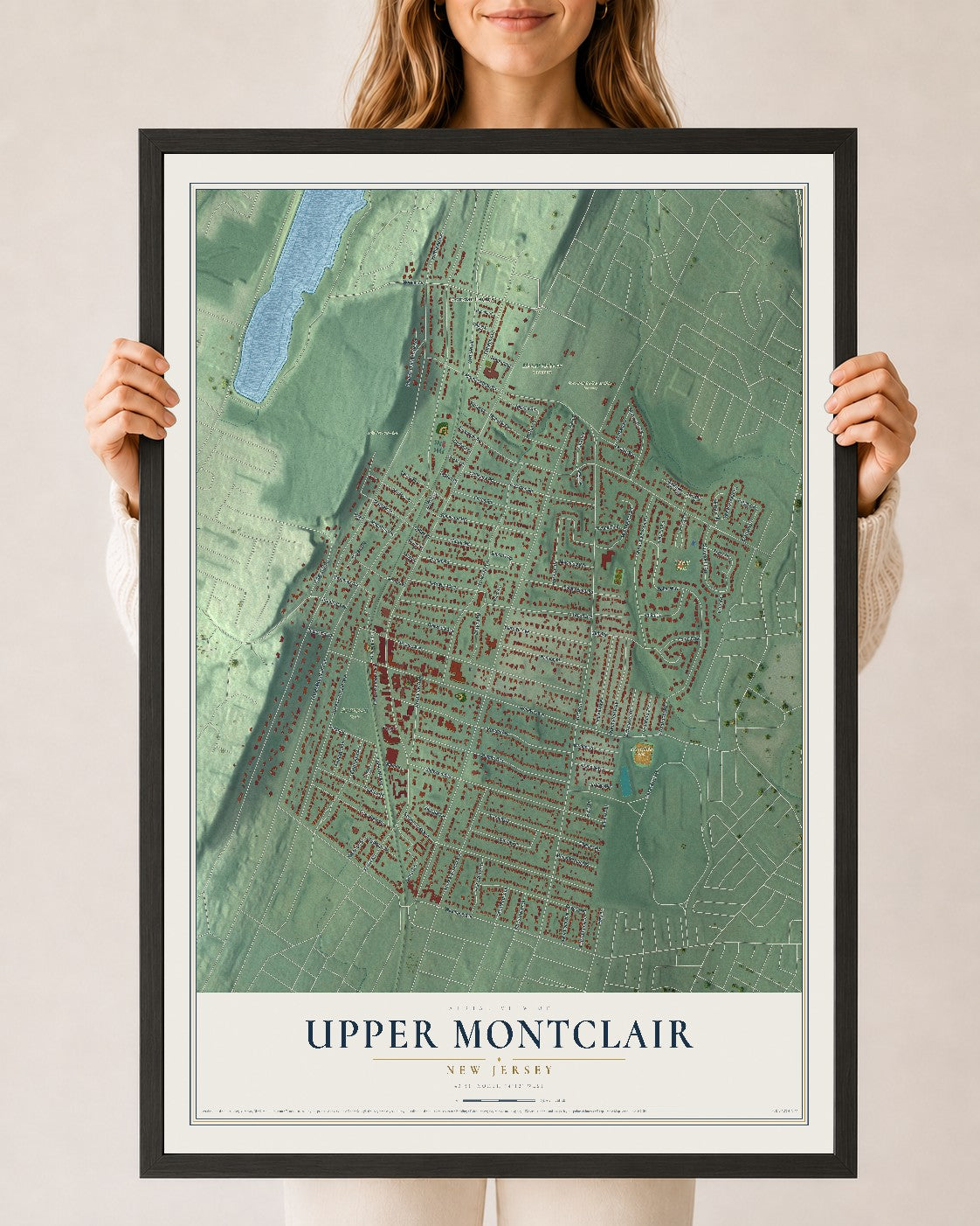 Upper Montclair, New Jersey map print, 24" x 36" W/ Black Ayous Wood Frame mockup
