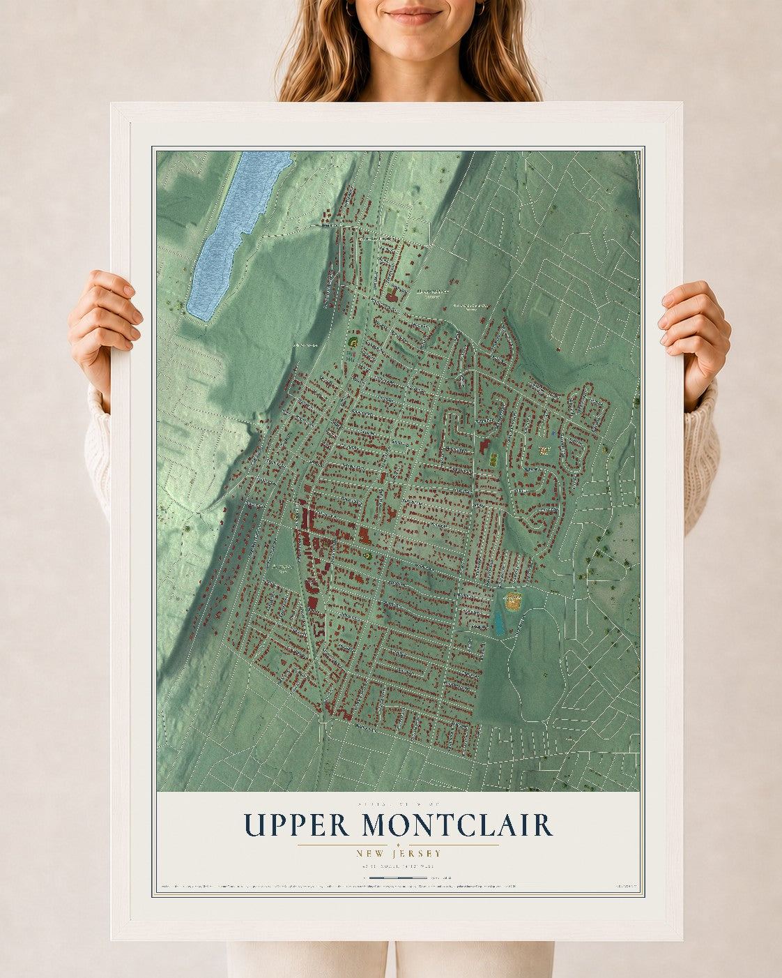 Upper Montclair, New Jersey map print, 24" x 36" W/ White Ayous Wood Frame mockup