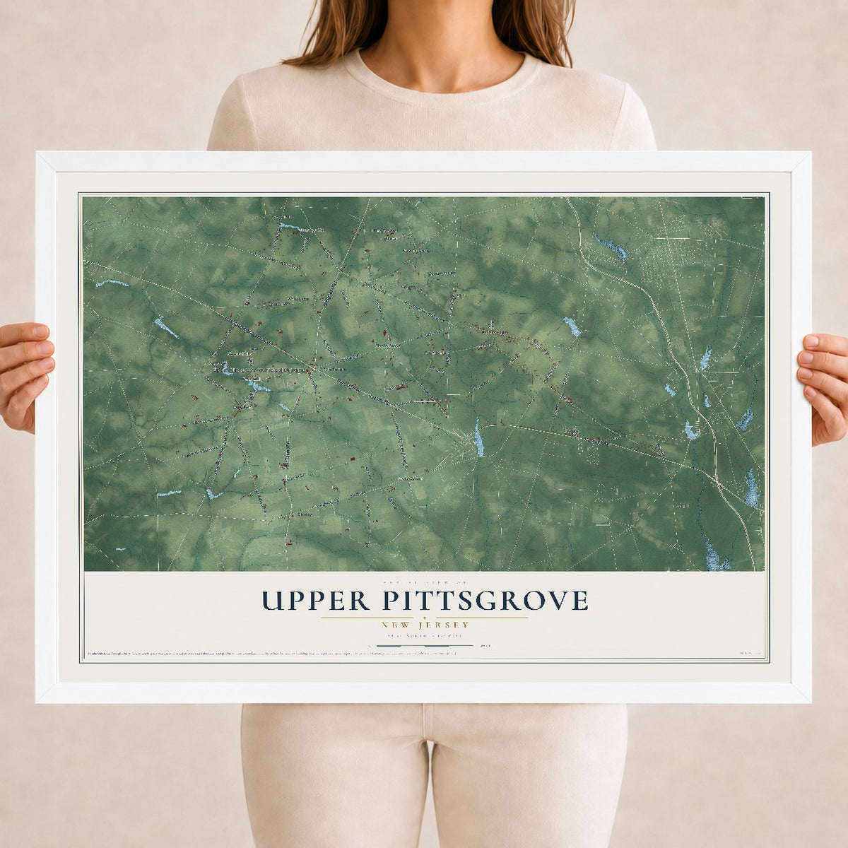 Upper Pittsgrove, New Jersey map print, 18" x 24" W/ White Ayous Wood Frame mockup