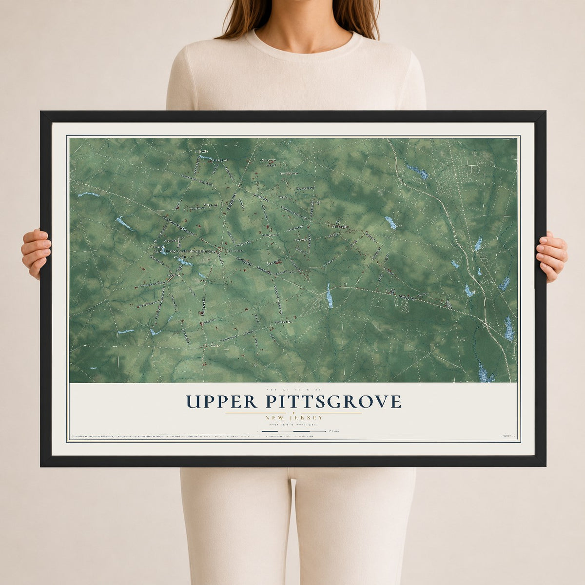 Upper Pittsgrove, New Jersey map print, 24" x 36" W/ Black Ayous Wood Frame mockup