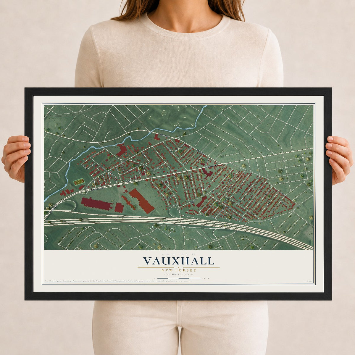 Vauxhall, New Jersey map print, 12" x 18" W/ Black Ayous Wood Frame mockup