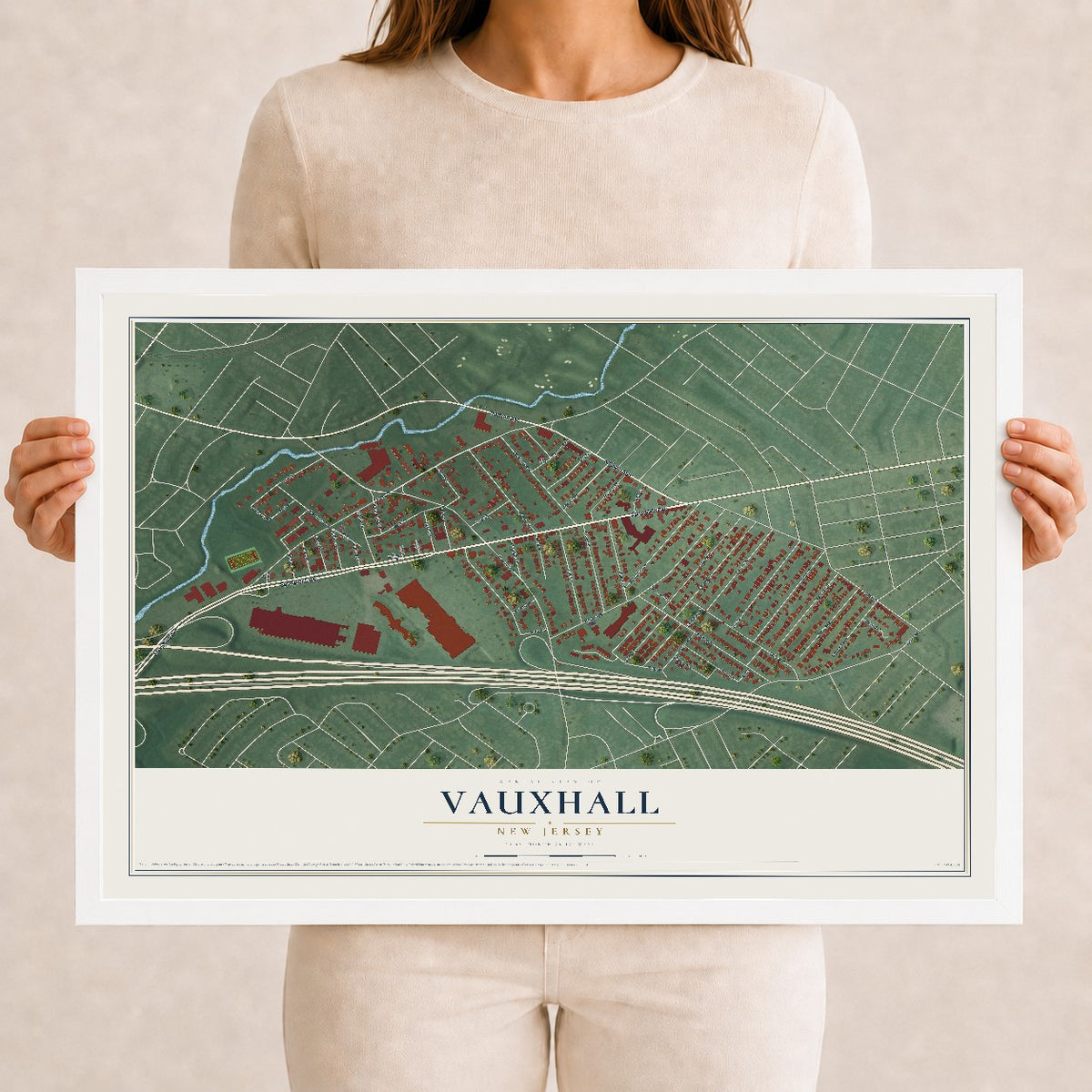 Vauxhall, New Jersey map print, 12" x 18" W/ White Ayous Wood Frame mockup