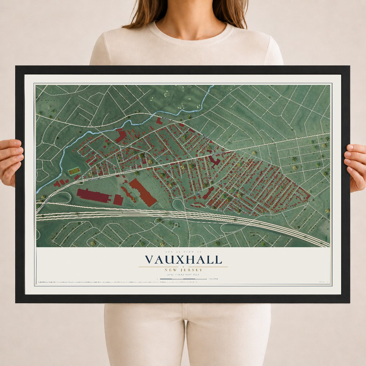 Vauxhall, New Jersey map print, 18" x 24" W/ Black Ayous Wood Frame mockup
