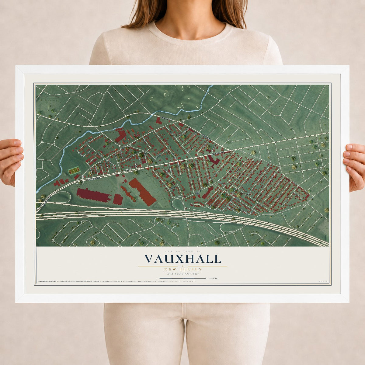 Vauxhall, New Jersey map print, 18" x 24" W/ White Ayous Wood Frame mockup