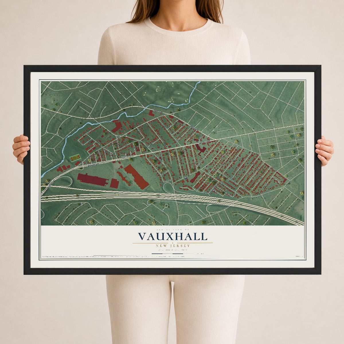 Vauxhall, New Jersey map print, 24" x 36" W/ Black Ayous Wood Frame mockup