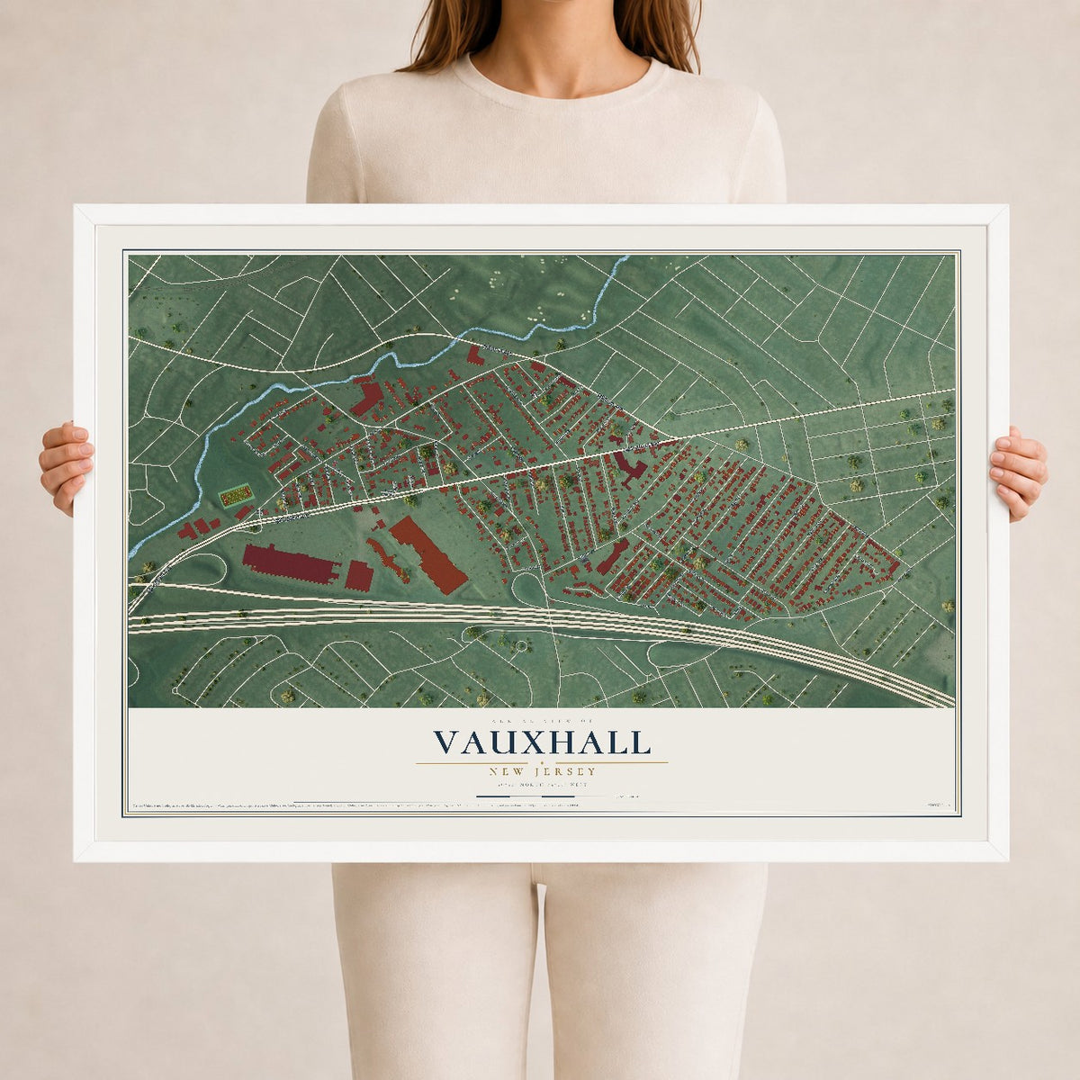 Vauxhall, New Jersey map print, 24" x 36" W/ White Ayous Wood Frame mockup