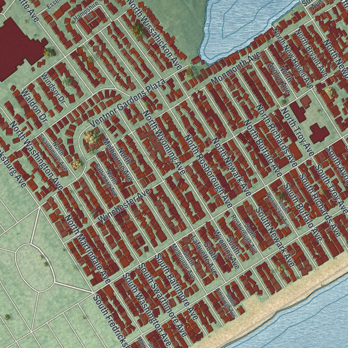 Close-up 1 of the Ventnor City, New Jersey map artwork