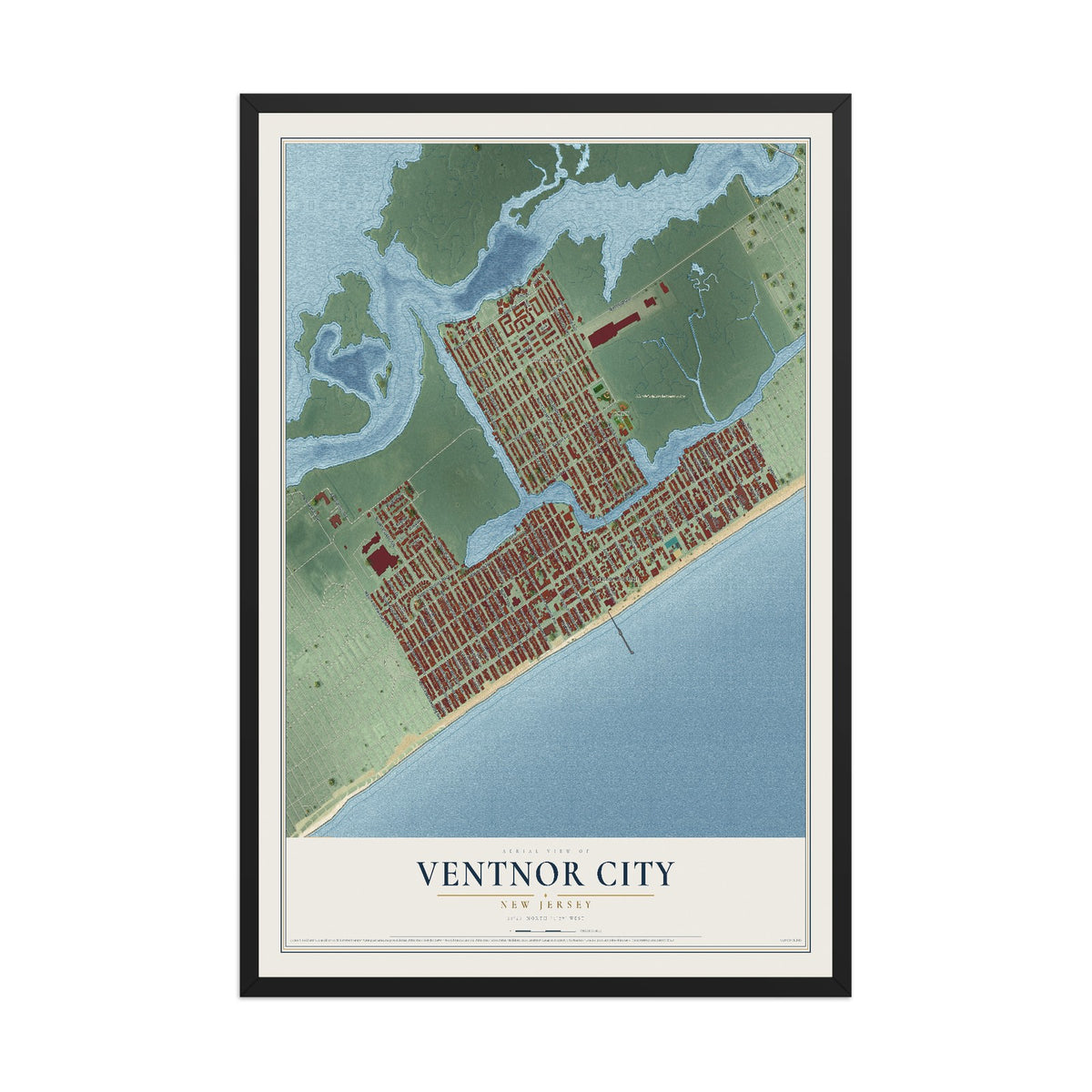 Ventnor City, New Jersey map print, 12" x 18" W/ Black Ayous Wood Frame mockup