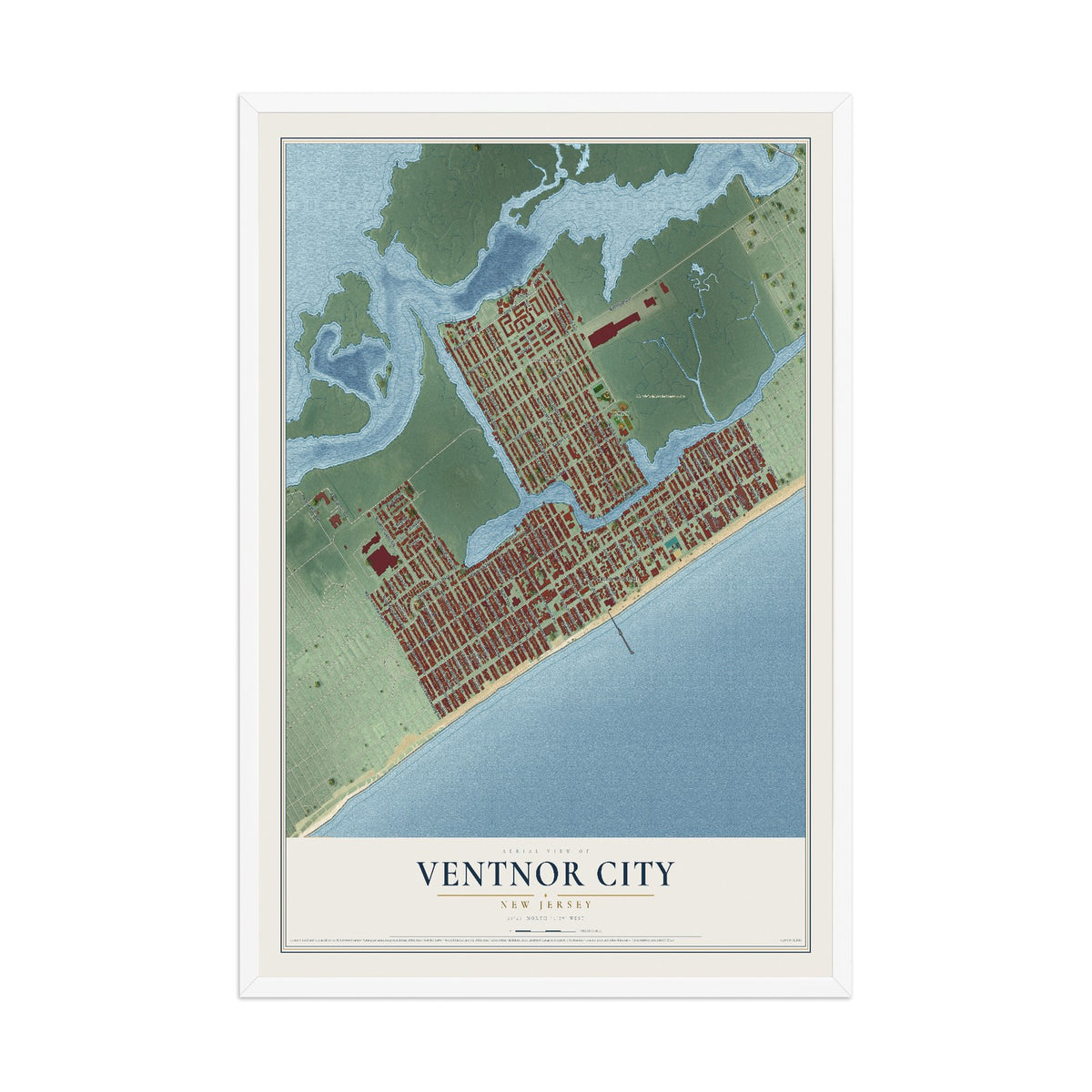 Ventnor City, New Jersey map print, 12" x 18" W/ White Ayous Wood Frame mockup