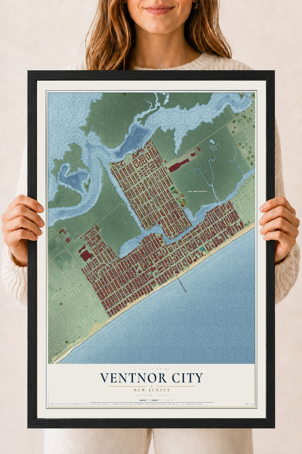 Ventnor City, New Jersey map print, 18" x 24" W/ Black Ayous Wood Frame mockup