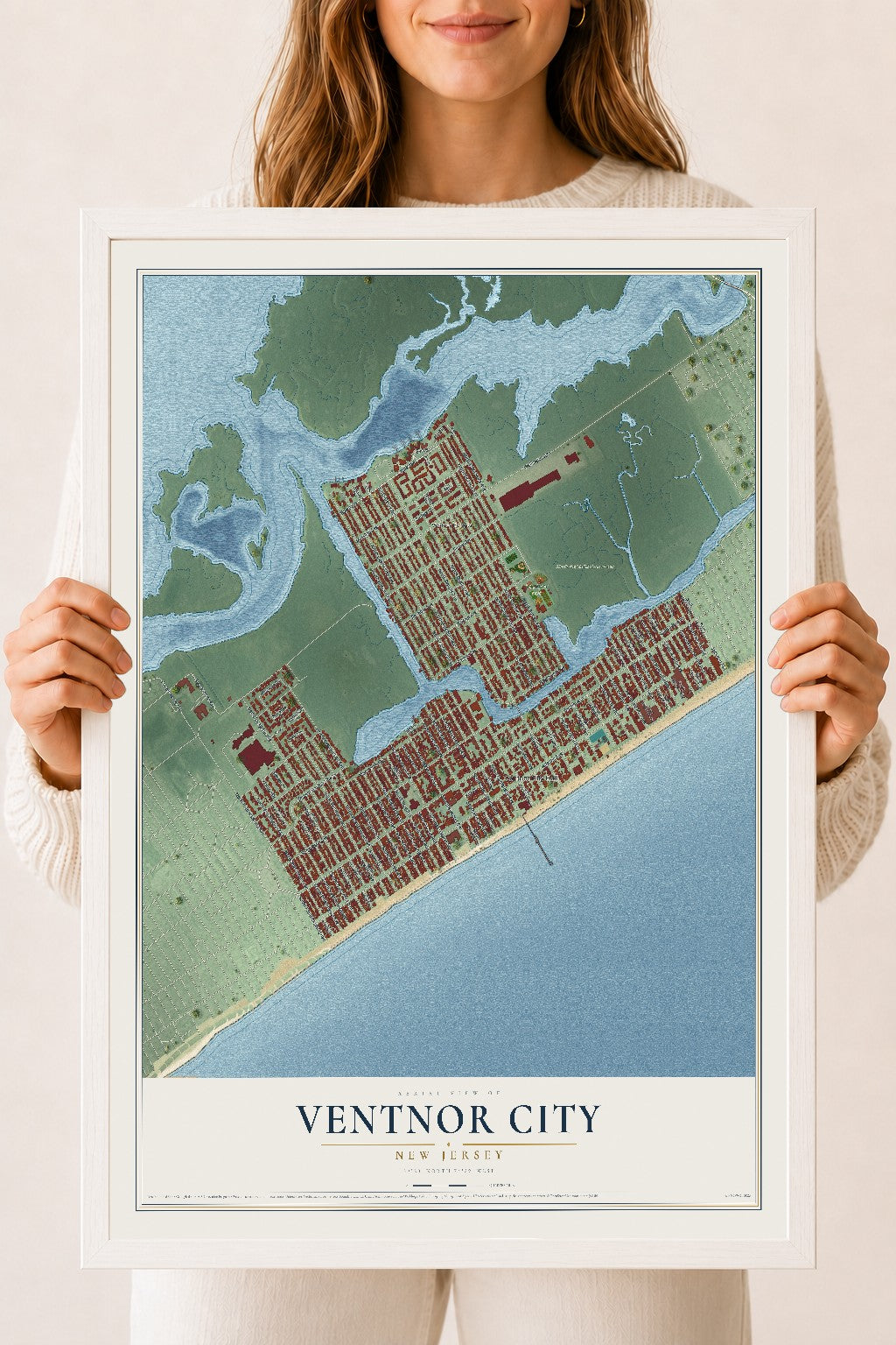 Ventnor City, New Jersey map print, 18" x 24" W/ White Ayous Wood Frame mockup