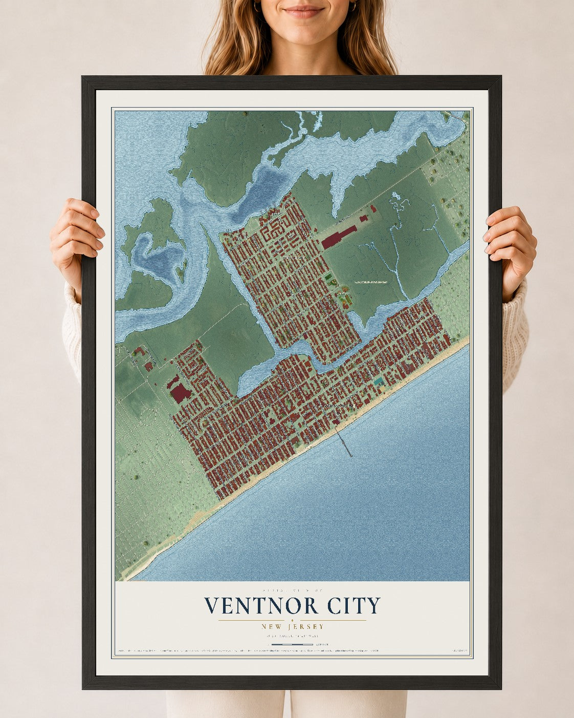 Ventnor City, New Jersey map print, 24" x 36" W/ Black Ayous Wood Frame mockup