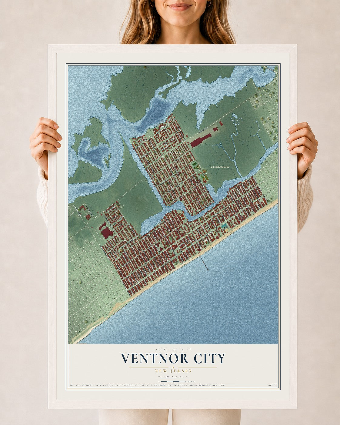 Ventnor City, New Jersey map print, 24" x 36" W/ White Ayous Wood Frame mockup