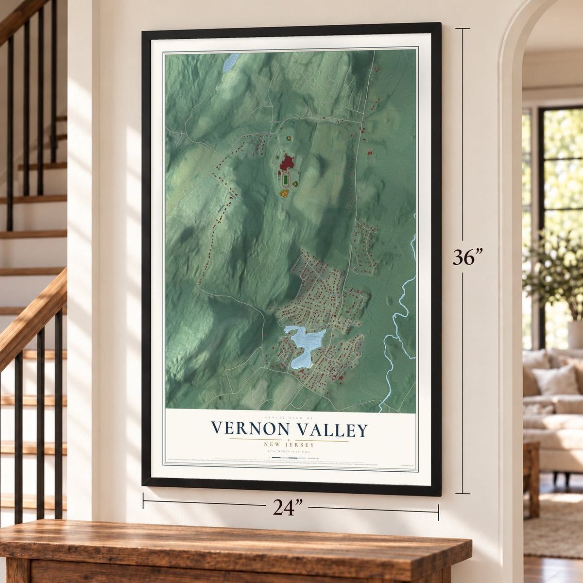 Vernon Valley, New Jersey map, 24 x 36 inch print in a black frame by a staircase